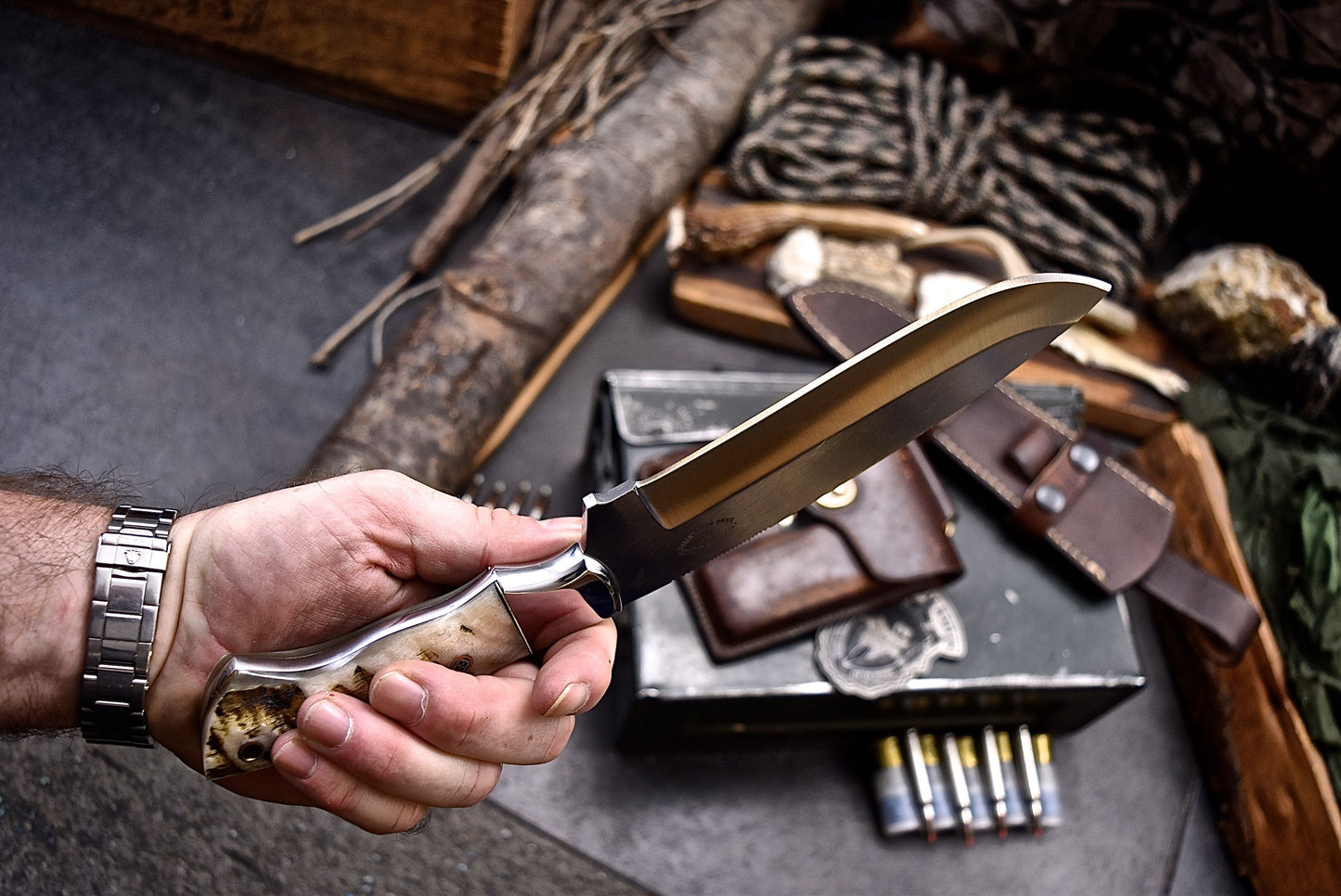 CFK Handmade D2 Custom SHEEP HORN Large Skinner Camping Hunting Knife Set