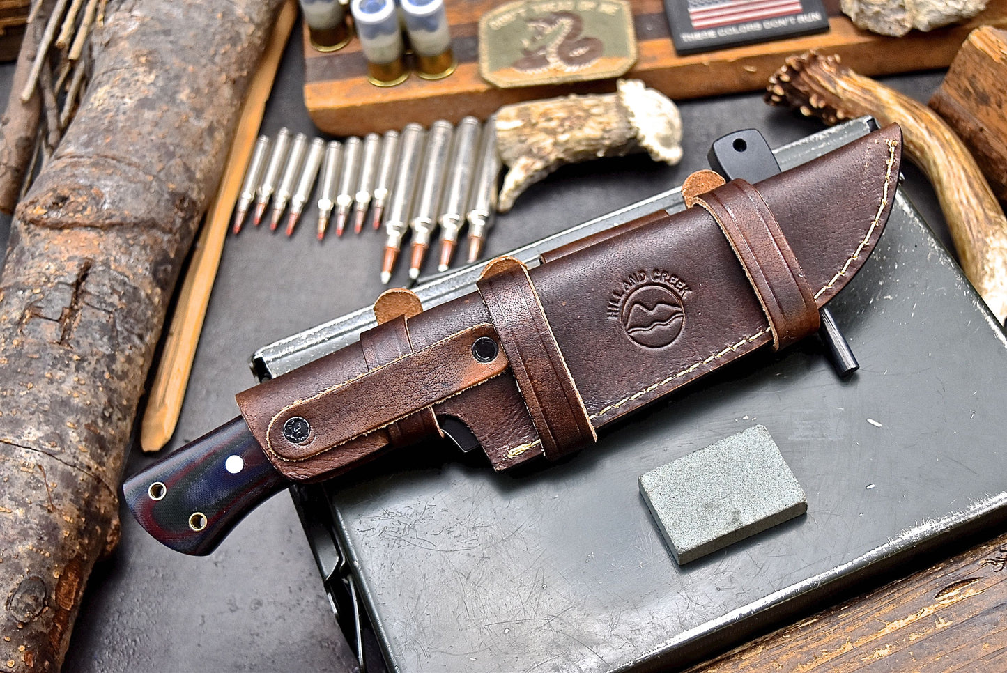 Pikes Peak II - Hill & Creek D2 Handmade Hunting Camping Knife & Accessories Sheath Set