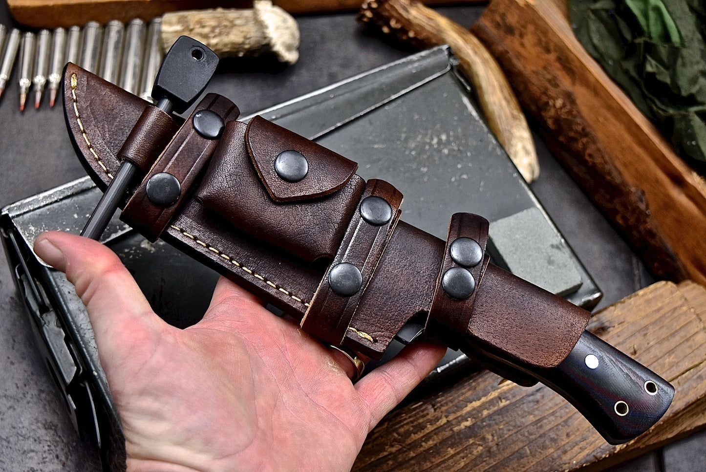 Pikes Peak II - Hill & Creek D2 Handmade Hunting Camping Knife & Accessories Sheath Set