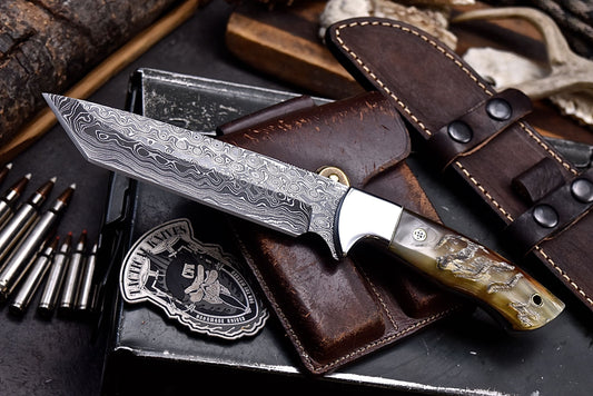 CFK Handmade Damascus Custom SHEEP HORN Hunting Camping TANTO Sport Knife Set
