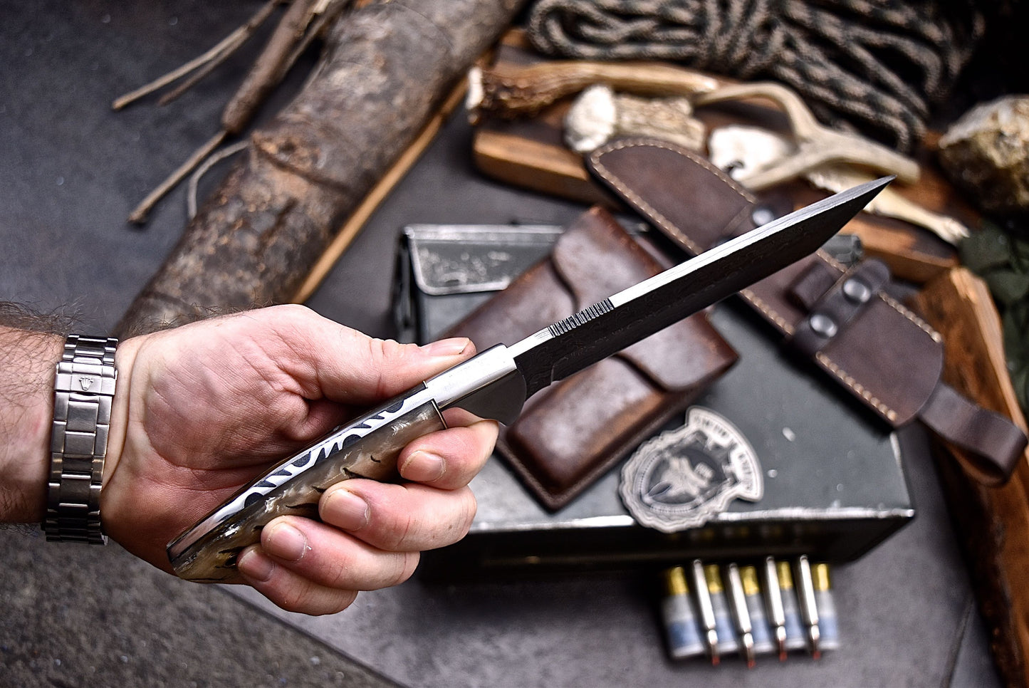 CFK Handmade Damascus Custom SHEEP HORN Hunting Camping TANTO Sport Knife Set