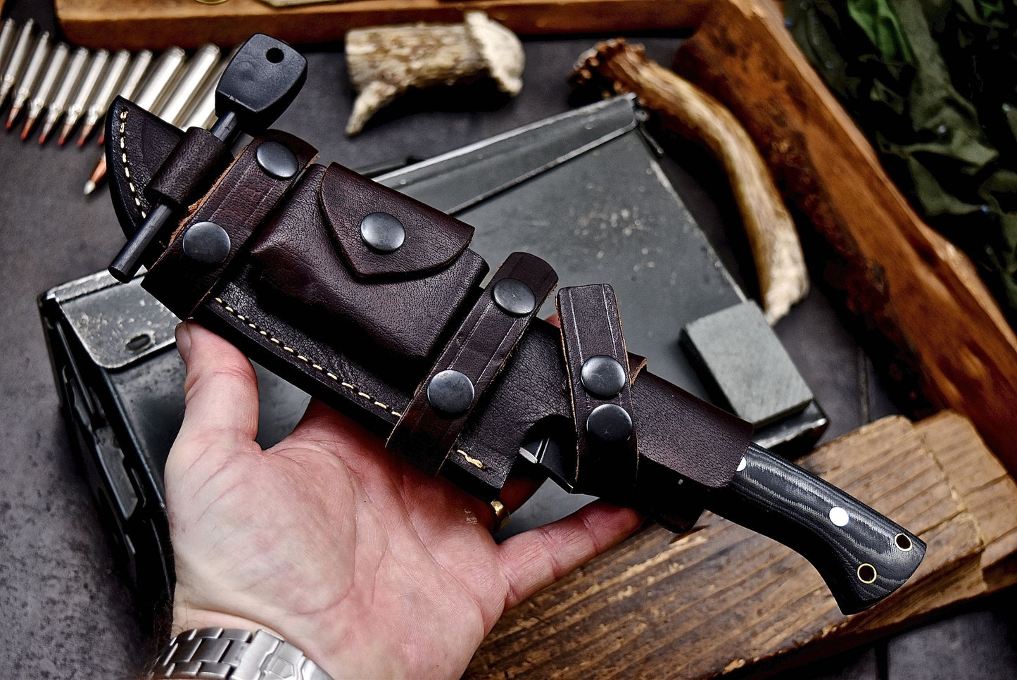 Catskill Mountains IV - Hill & Creek Handmade D2 Linen Micarta Knife & Accessories Sheath Set