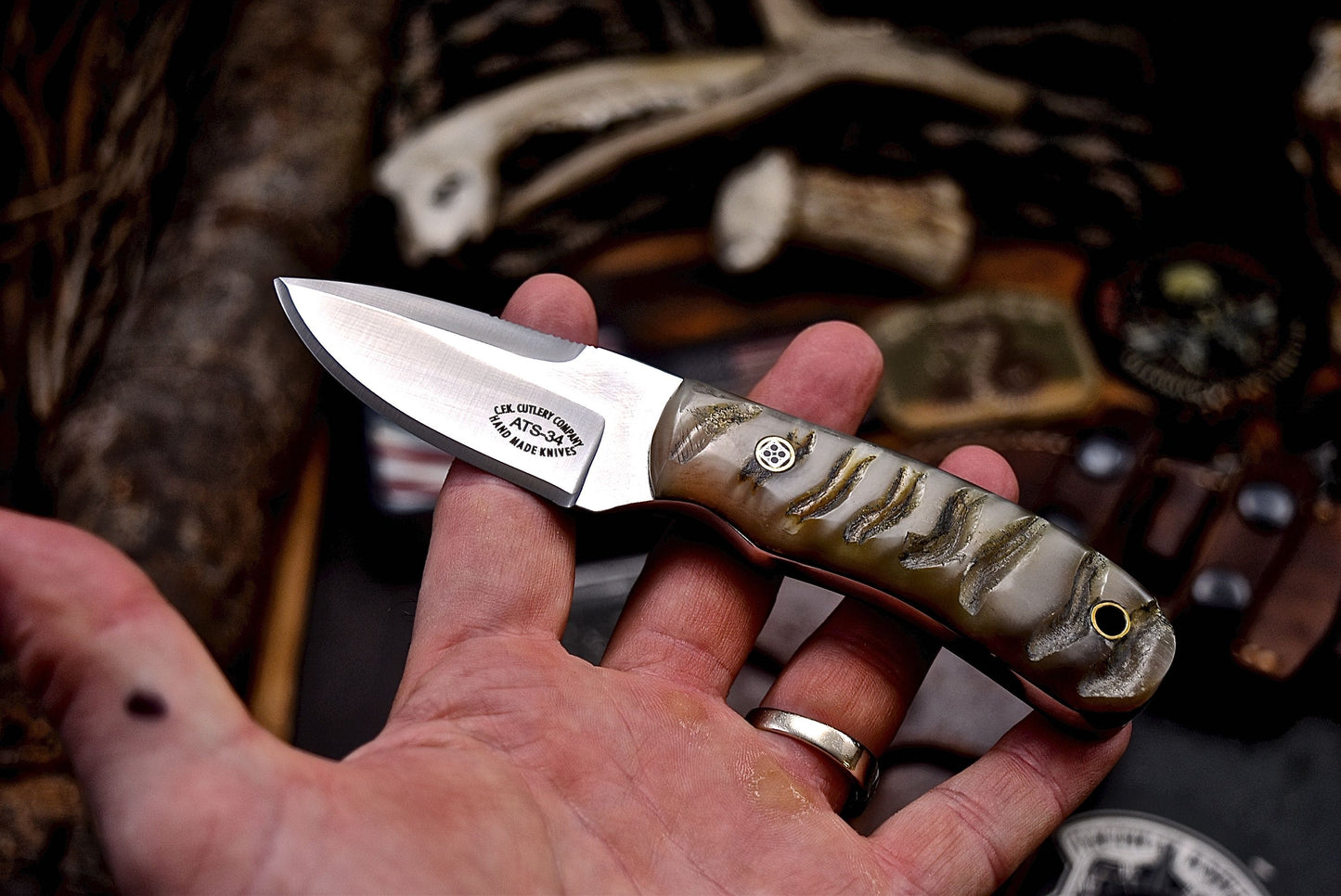 CFK Handmade ATS 34 Custom RED DALL SHEEP HORN Small Hunting Knife & Sheath Set