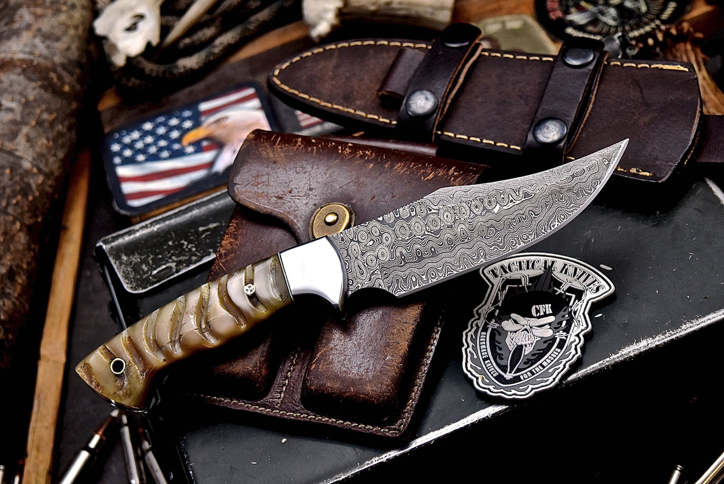 CFK Handmade Damascus Custom GENUINE SHEEP HORN Hunting Skinner Sport Knife
