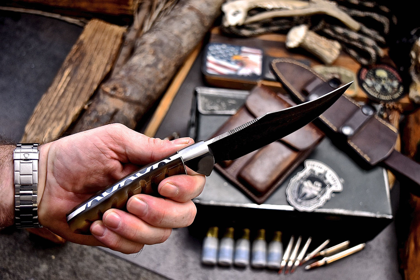 CFK Handmade Damascus Custom GENUINE SHEEP HORN Hunting Skinner Sport Knife