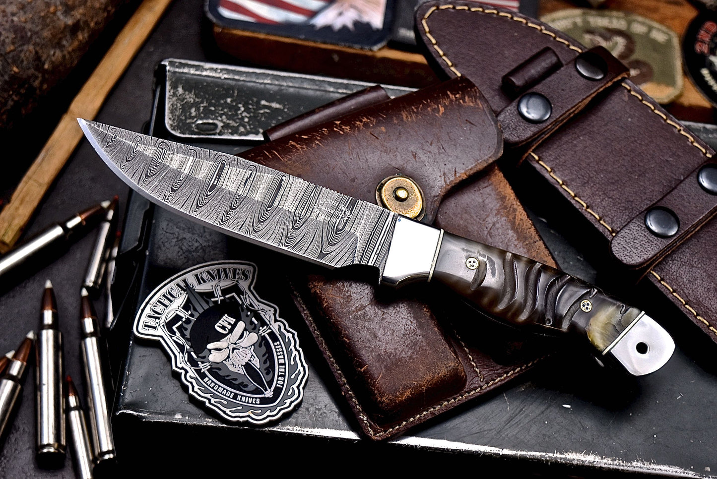 CFK Handmade Damascus Custom GENUINE SHEEP HORN Hunting Skinner Knife