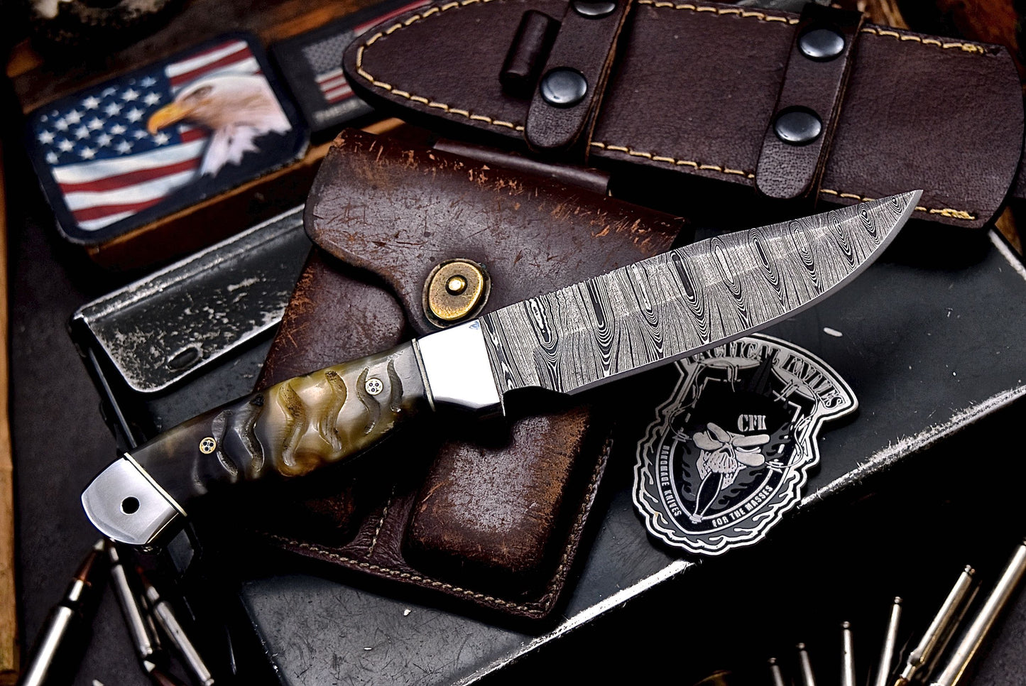 CFK Handmade Damascus Custom GENUINE SHEEP HORN Hunting Skinner Knife