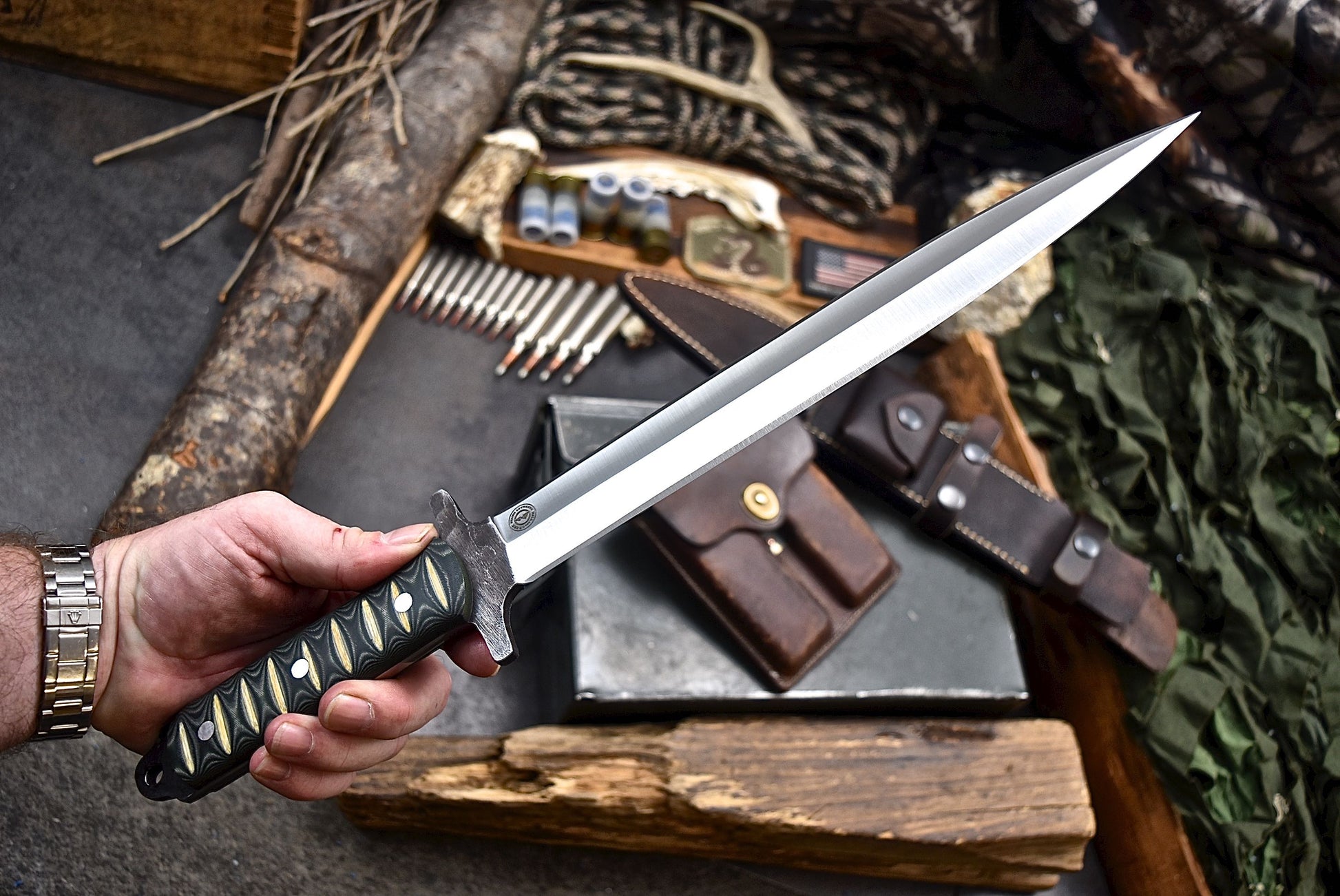 Blackstone River - Hill & Creek Handmade D2 Arkansas Toothpick Dagger Knife  & Accessories Sheath Set