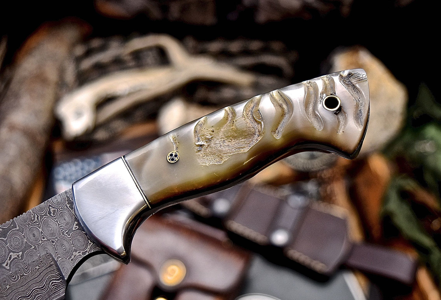 CFK Handmade Damascus Custom GENUINE SHEEP HORN Hunting Skinner Sport Knife