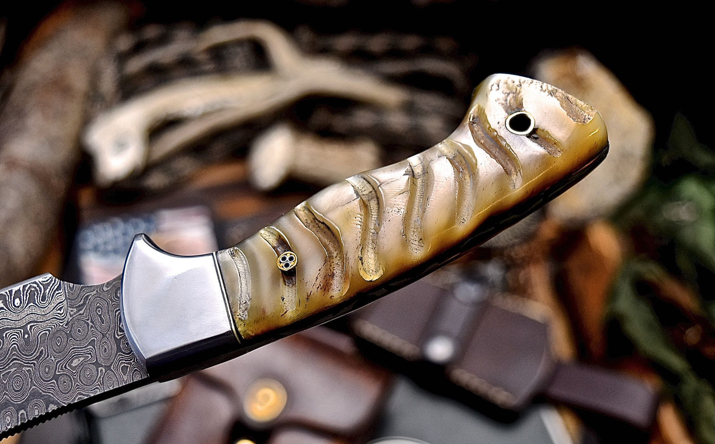 CFK Handmade Damascus Custom GENUINE SHEEP HORN Hunting Skinner Sport Knife