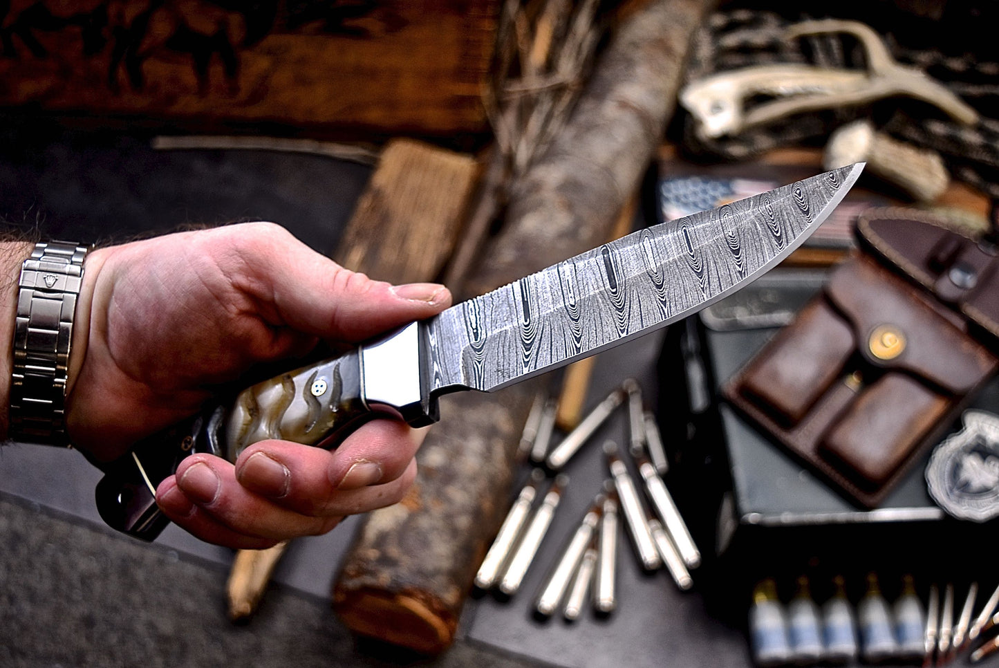 CFK Handmade Damascus Custom GENUINE SHEEP HORN Hunting Skinner Knife