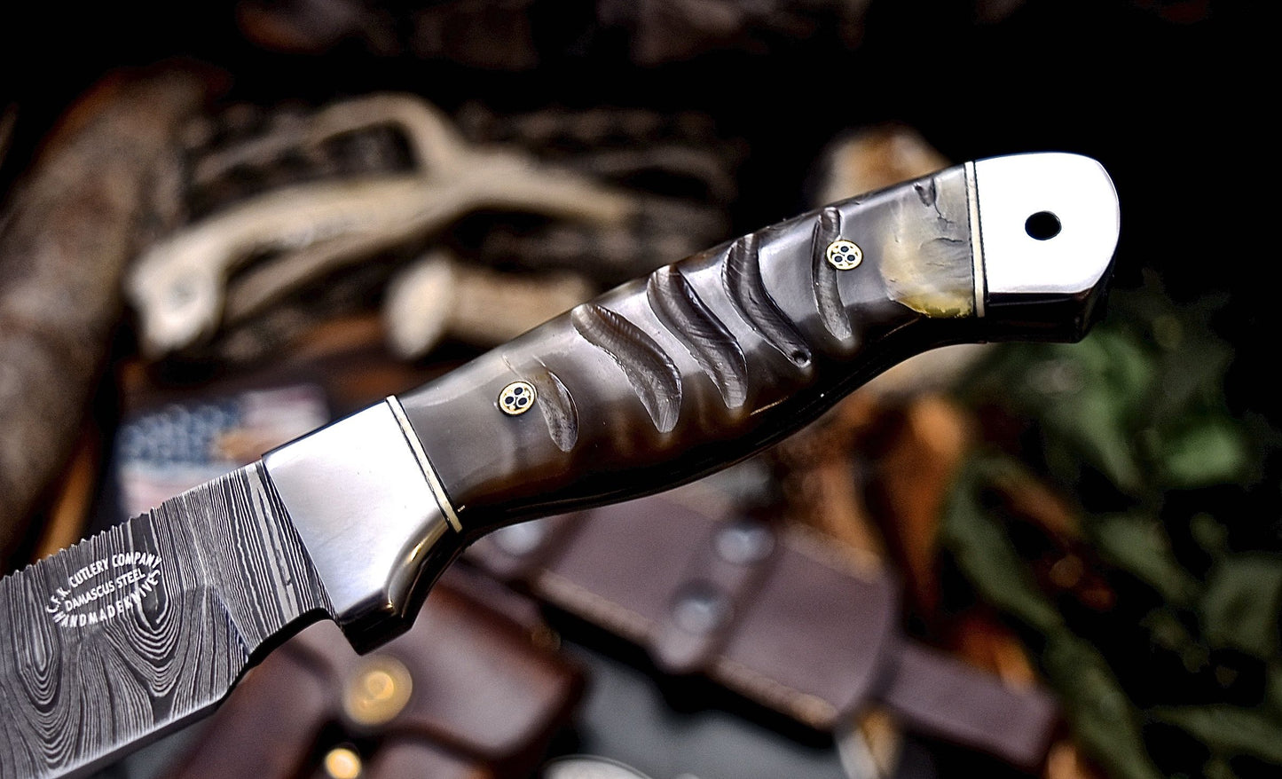 CFK Handmade Damascus Custom GENUINE SHEEP HORN Hunting Skinner Knife