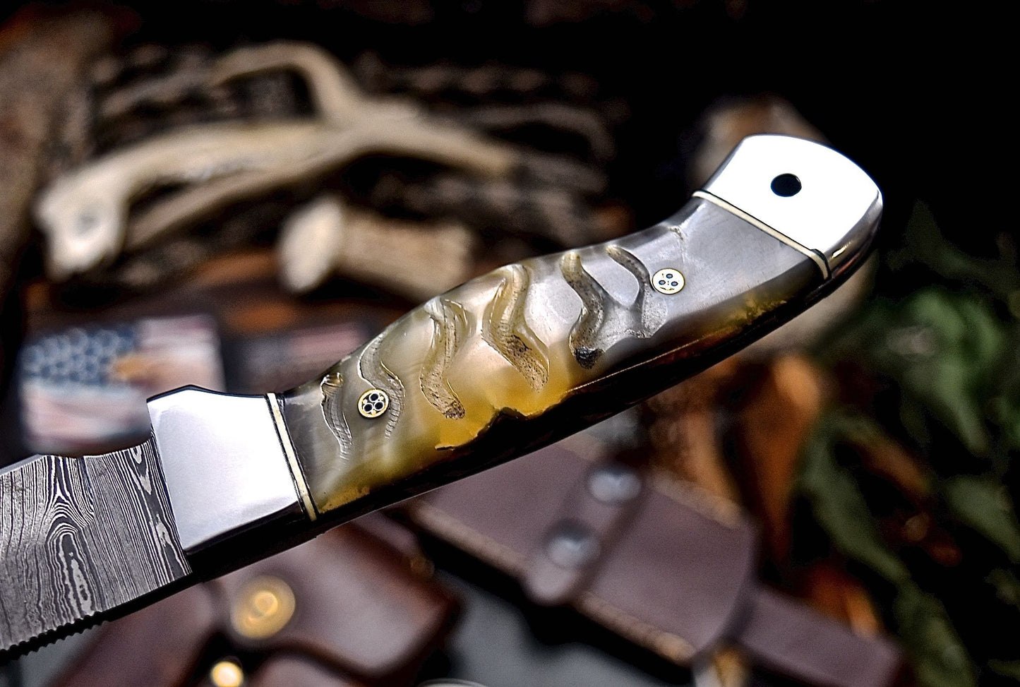 CFK Handmade Damascus Custom GENUINE SHEEP HORN Hunting Skinner Knife