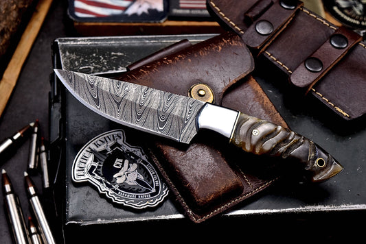 CFK Handmade Damascus Custom GENUINE SHEEP HORN Hunting Skinner Camping Knife