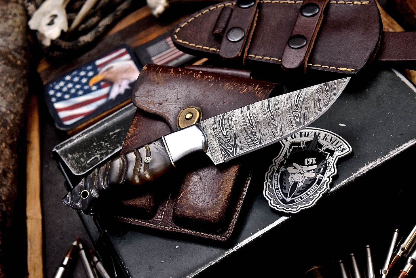 CFK Handmade Damascus Custom GENUINE SHEEP HORN Hunting Skinner Camping Knife