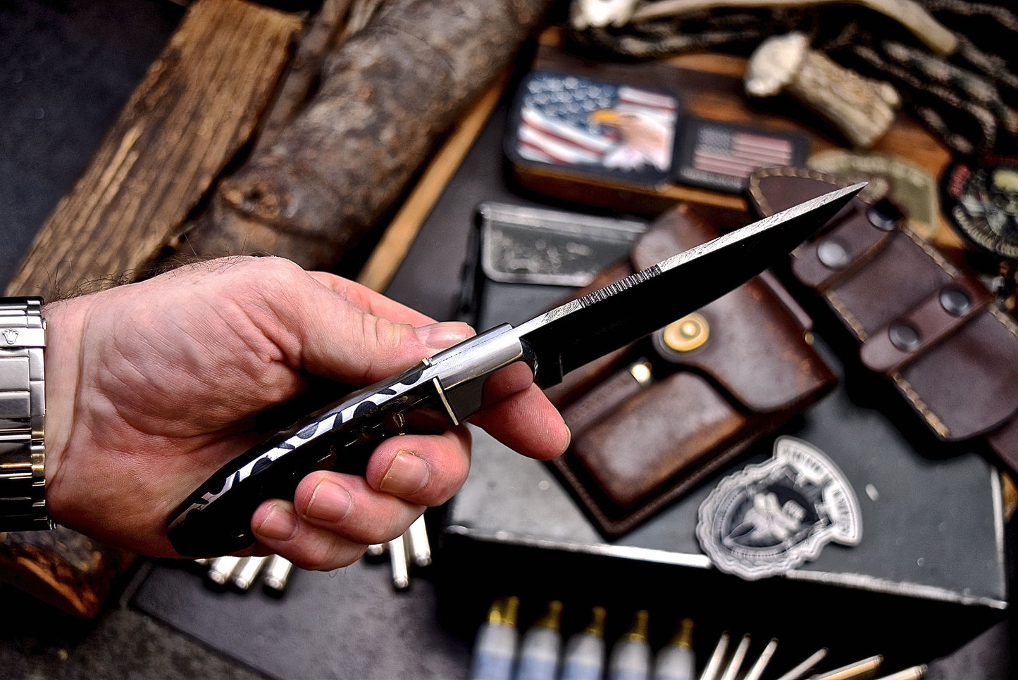 CFK Handmade Damascus Custom GENUINE SHEEP HORN Hunting Skinner Camping Knife