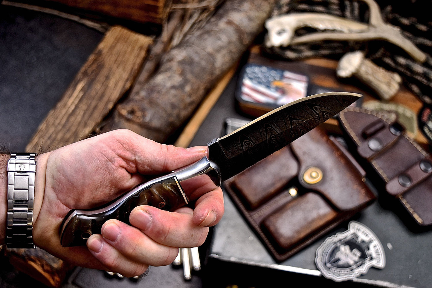 CFK Handmade Damascus Custom GENUINE SHEEP HORN Hunting Skinner Camping Knife