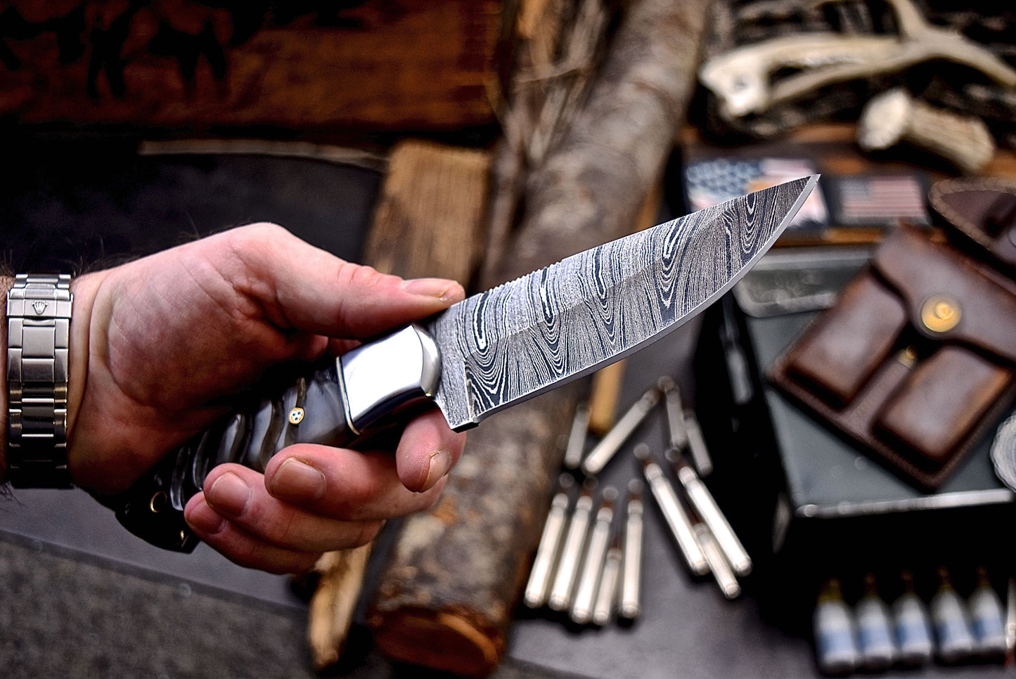 CFK Handmade Damascus Custom GENUINE SHEEP HORN Hunting Skinner Camping Knife