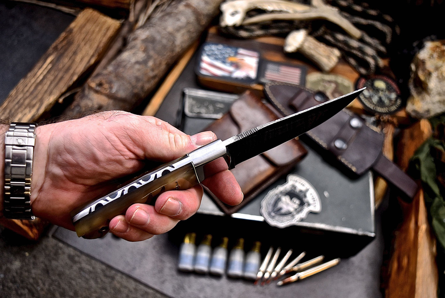 CFK Handmade Damascus Custom GENUINE SHEEP HORN Hunting Skinner Knife