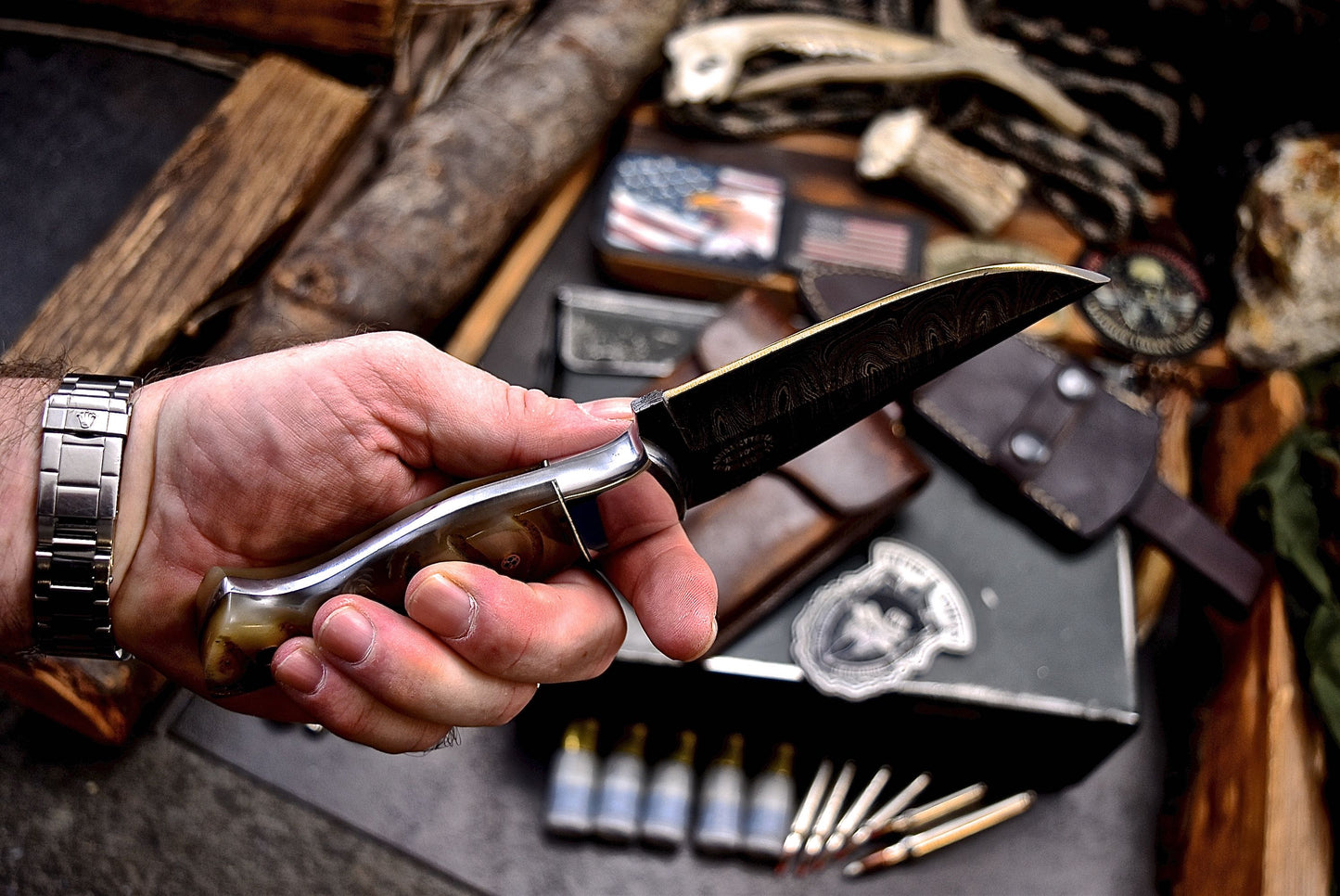 CFK Handmade Damascus Custom GENUINE SHEEP HORN Hunting Skinner Knife