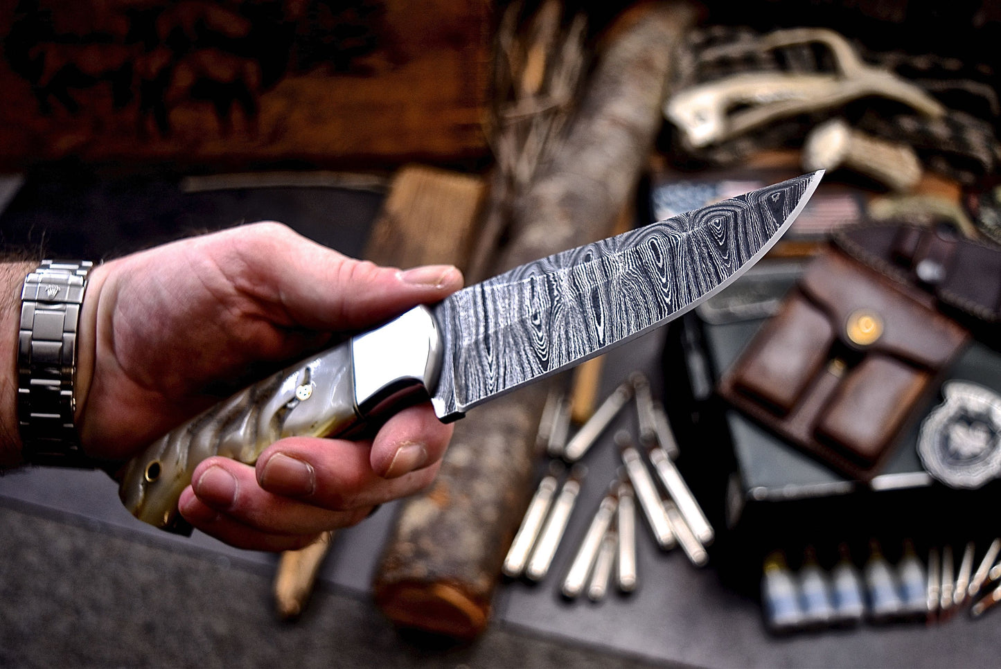 CFK Handmade Damascus Custom GENUINE SHEEP HORN Hunting Skinner Knife