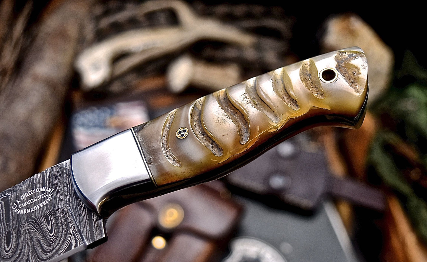 CFK Handmade Damascus Custom GENUINE SHEEP HORN Hunting Skinner Knife