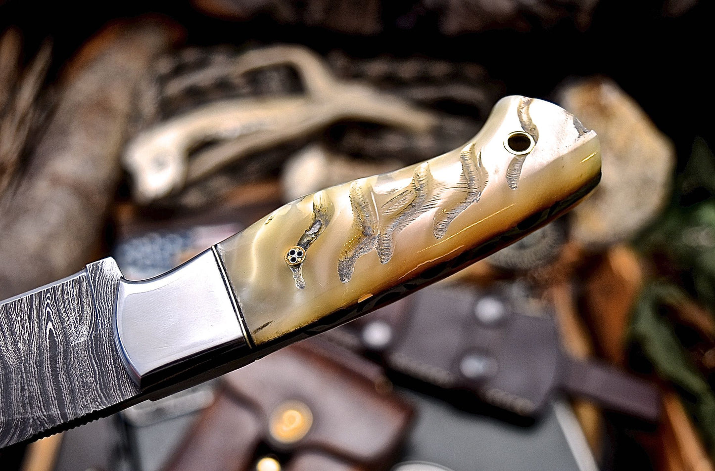 CFK Handmade Damascus Custom GENUINE SHEEP HORN Hunting Skinner Knife