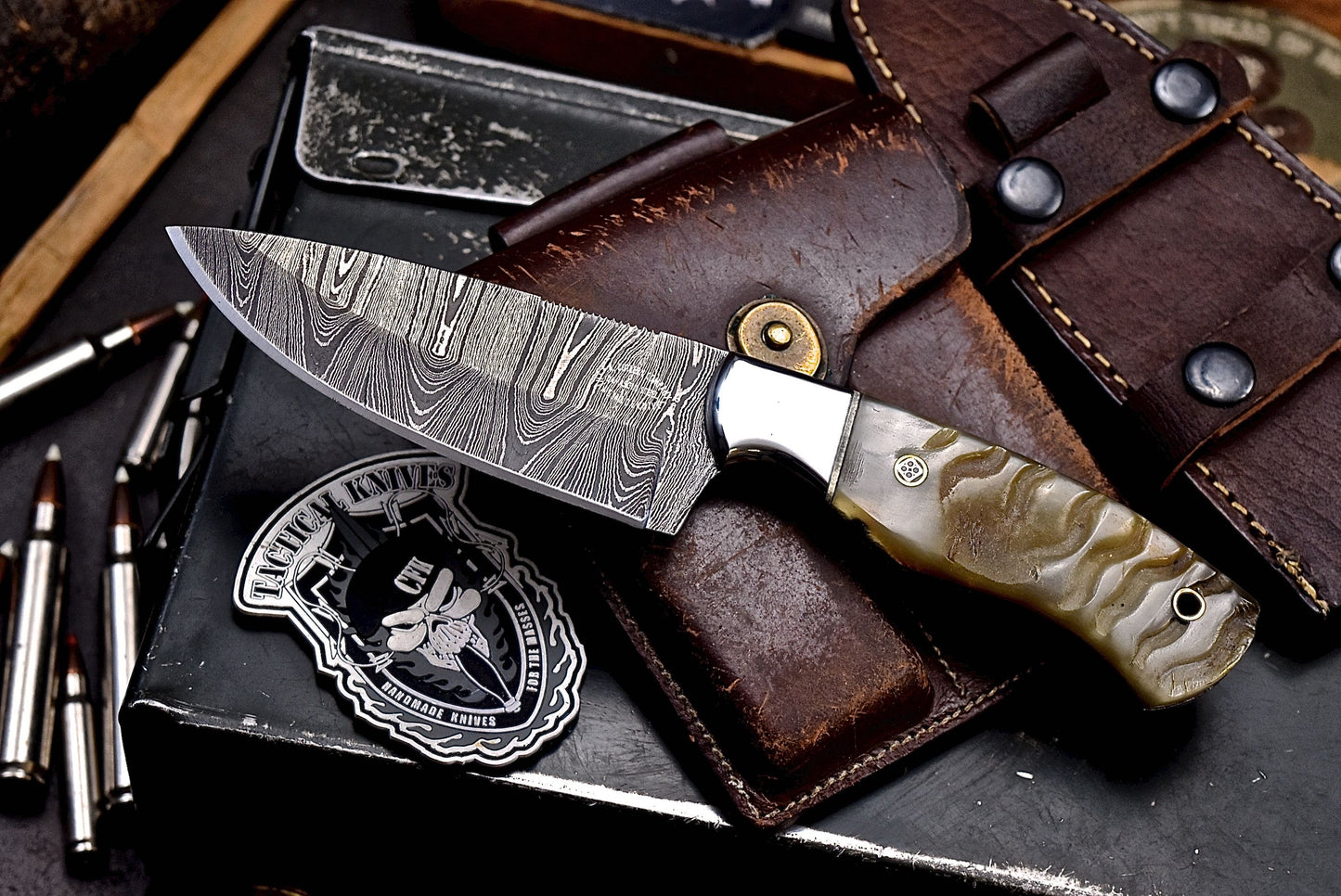 CFK Handmade Damascus Custom GENUINE SHEEP HORN Hunting Skinner Sport Knife