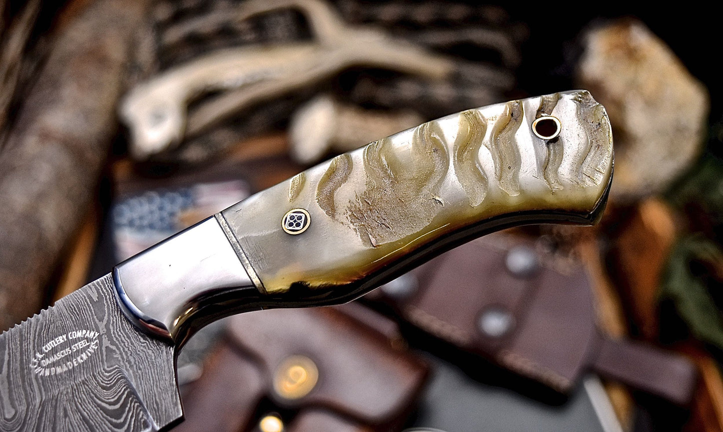 CFK Handmade Damascus Custom GENUINE SHEEP HORN Hunting Skinner Sport Knife