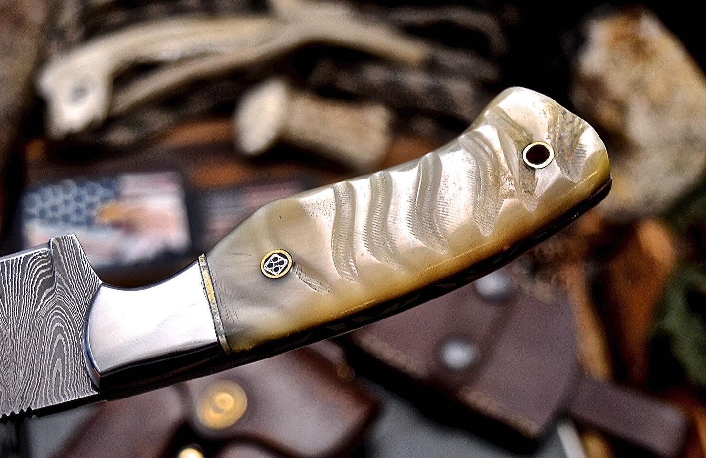 CFK Handmade Damascus Custom GENUINE SHEEP HORN Hunting Skinner Sport Knife