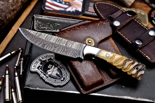 CFK Handmade Damascus Custom GENUINE SHEEP HORN Hunting Skinner Knife