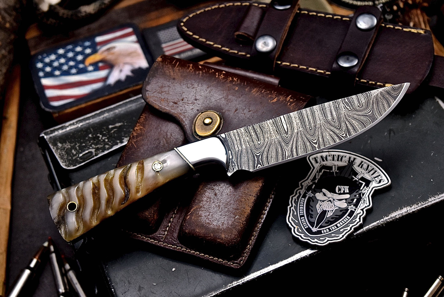 CFK Handmade Damascus Custom GENUINE SHEEP HORN Hunting Skinner Knife