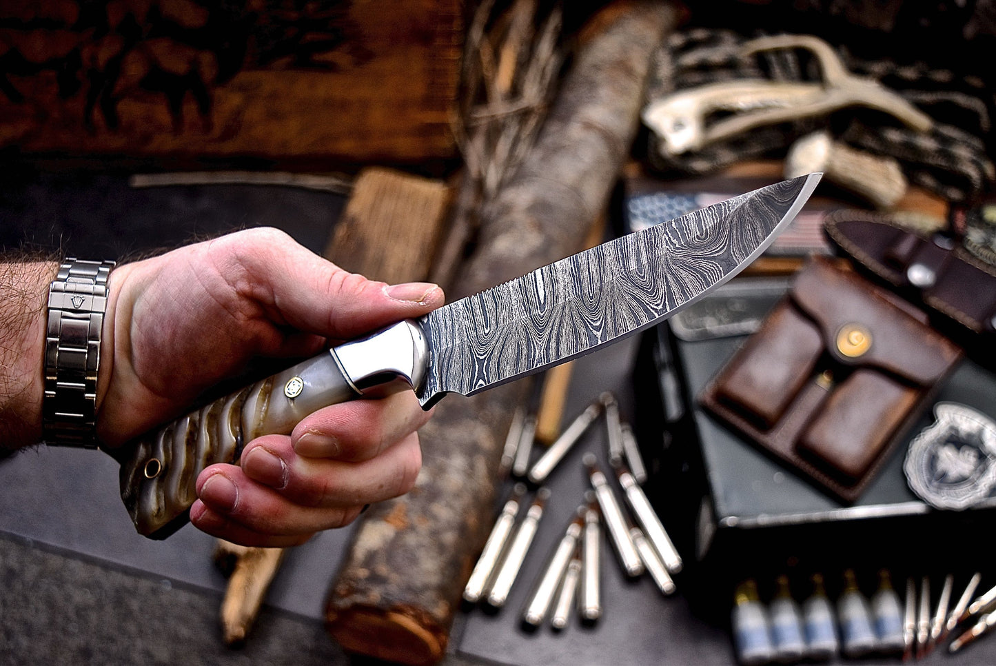 CFK Handmade Damascus Custom GENUINE SHEEP HORN Hunting Skinner Knife