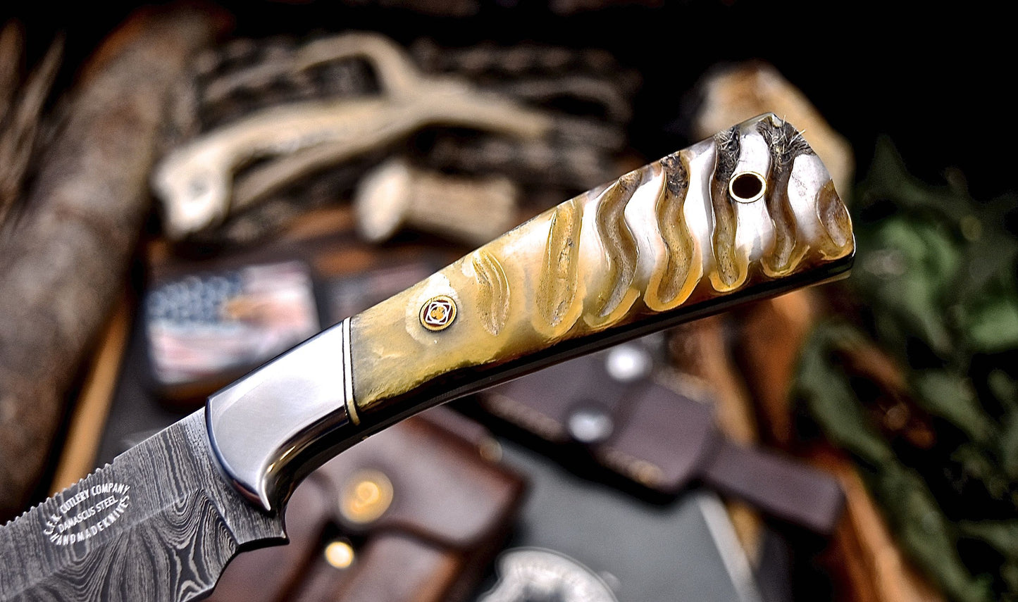 CFK Handmade Damascus Custom GENUINE SHEEP HORN Hunting Skinner Knife