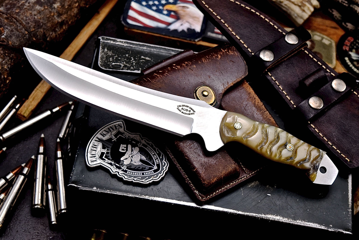 CFK Handmade AUS 8 Custom GENUINE SHEEP HORN Large Hunting Skinner Sport Knife