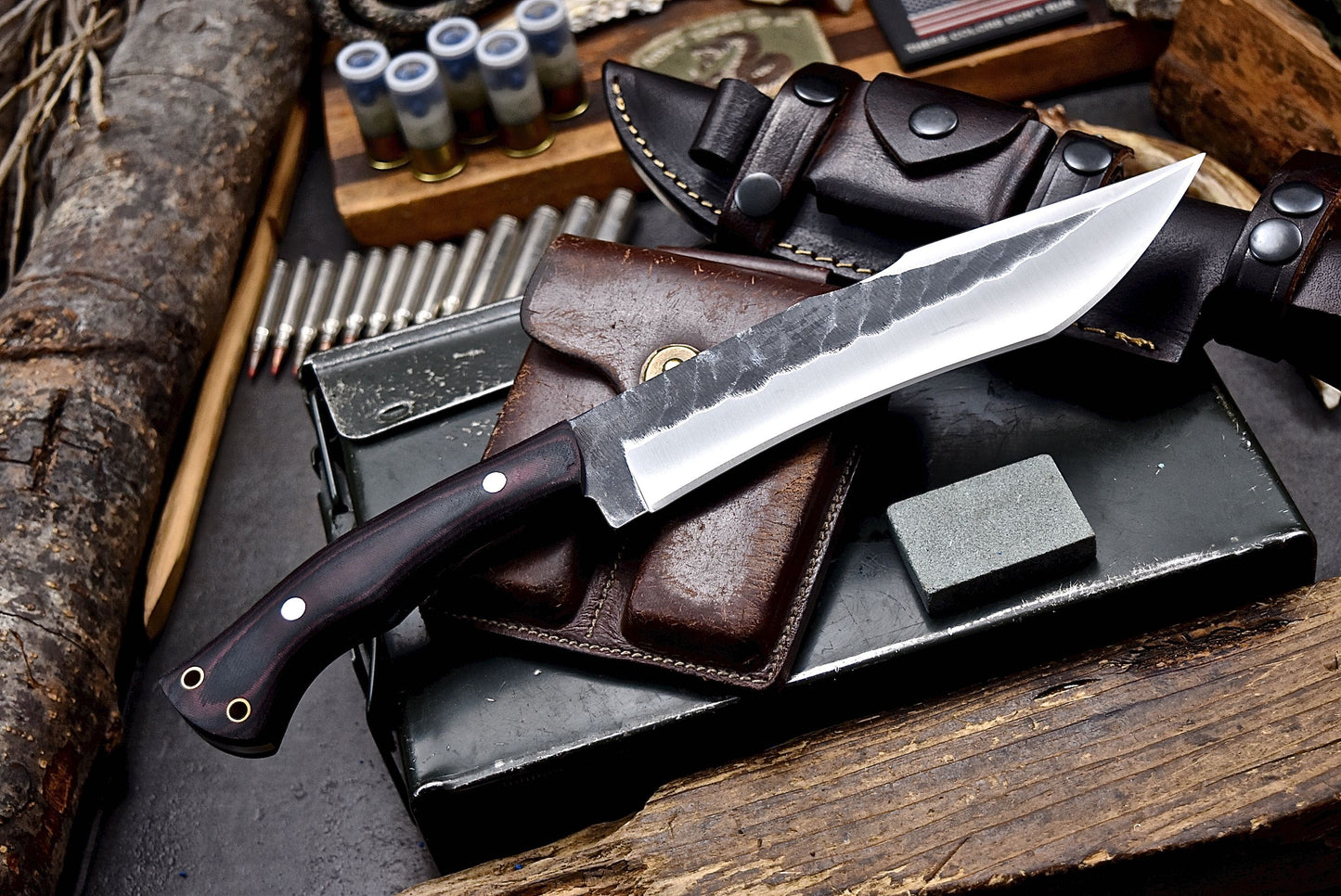 Bear Hills - Hill & Creek Custom Handmade D2 Large Camping Hunting Knife & ACCESSORIES Sheath Set