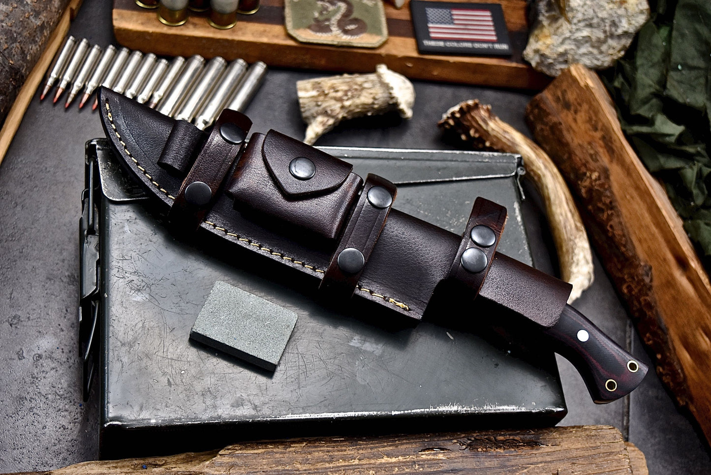 Bear Hills - Hill & Creek Custom Handmade D2 Large Camping Hunting Knife & ACCESSORIES Sheath Set