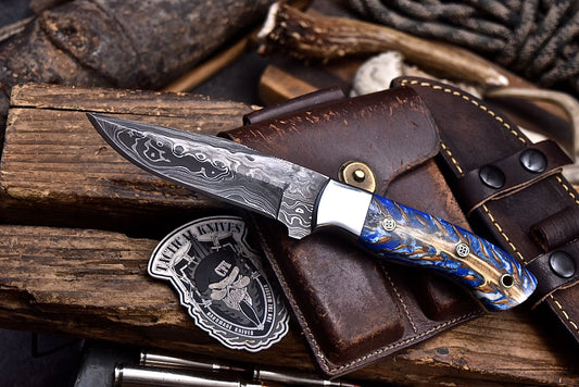 CFK Handmade Damascus Custom BLUE PINE CONE Corelon Hunting Skinner Knife Set