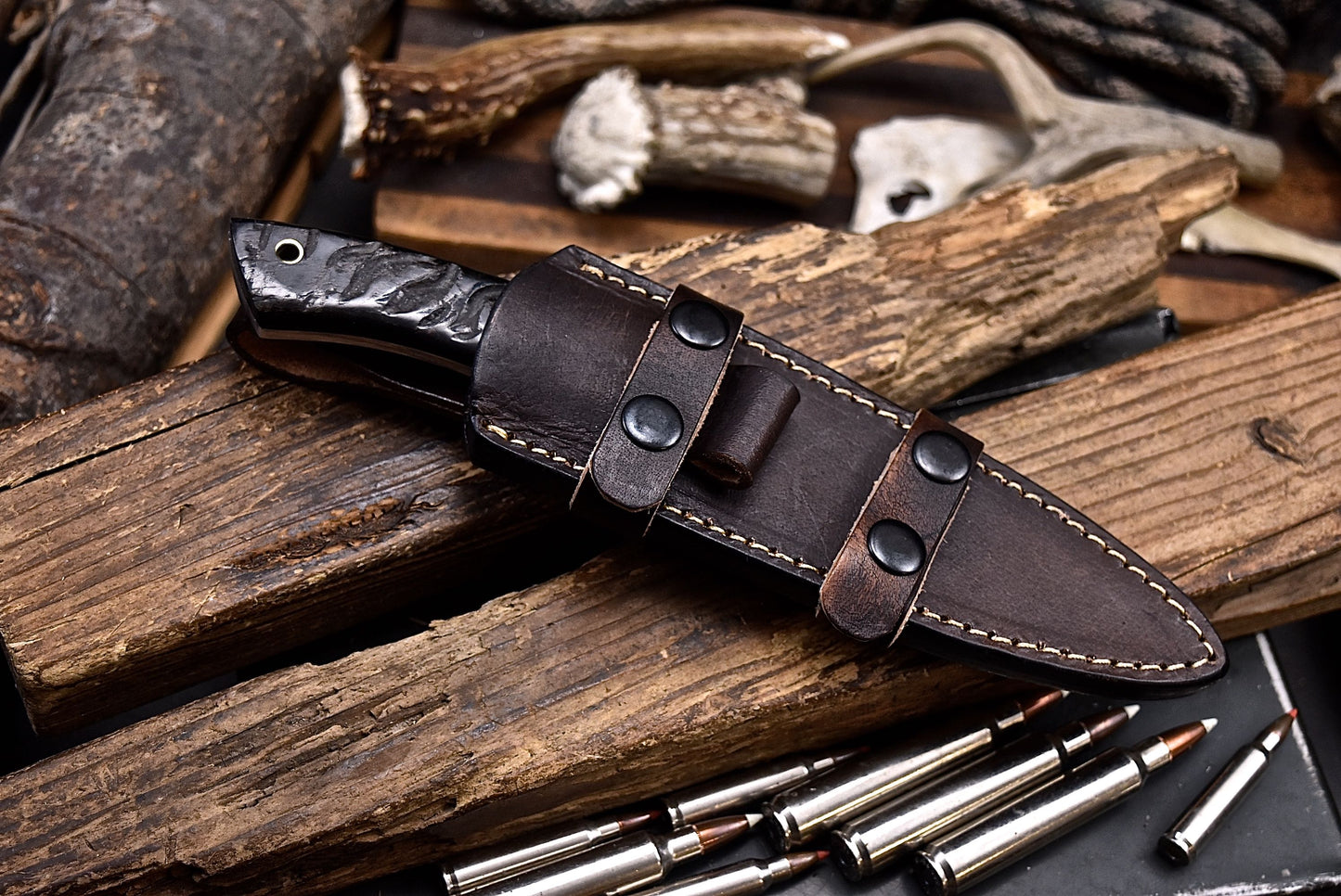 CFK Handmade Damascus Custom DARK SHEEP HORN Large Hunting Skinner Knife Set