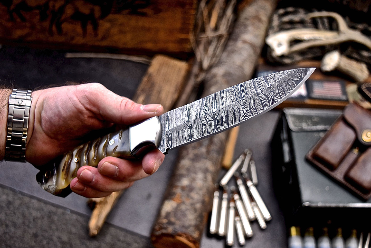 CFK Handmade Damascus Custom GENUINE SHEEP HORN Hunting Skinner Sport Knife