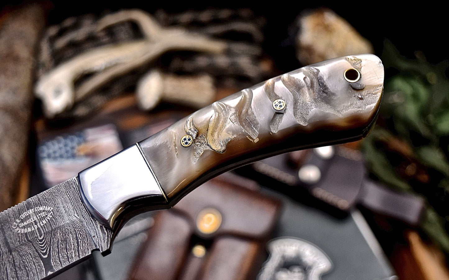 CFK Handmade Damascus Custom GENUINE SHEEP HORN Hunting Skinner Sport Knife