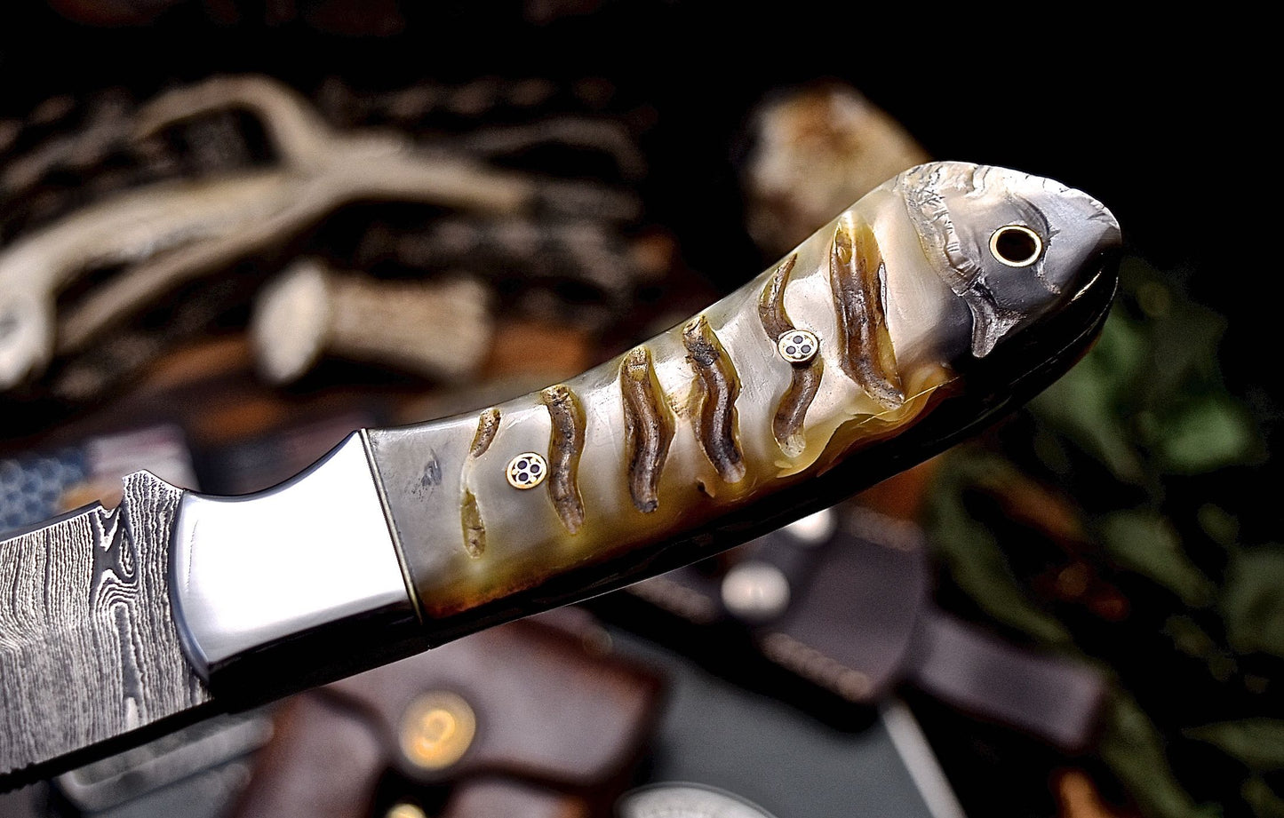 CFK Handmade Damascus Custom GENUINE SHEEP HORN Hunting Skinner Sport Knife