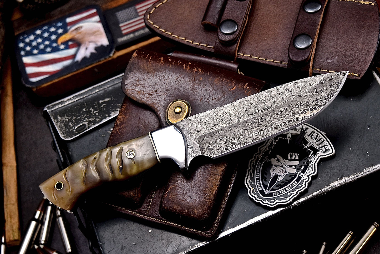 CFK Handmade Damascus Custom GENUINE SHEEP HORN Hunting Skinner Knife