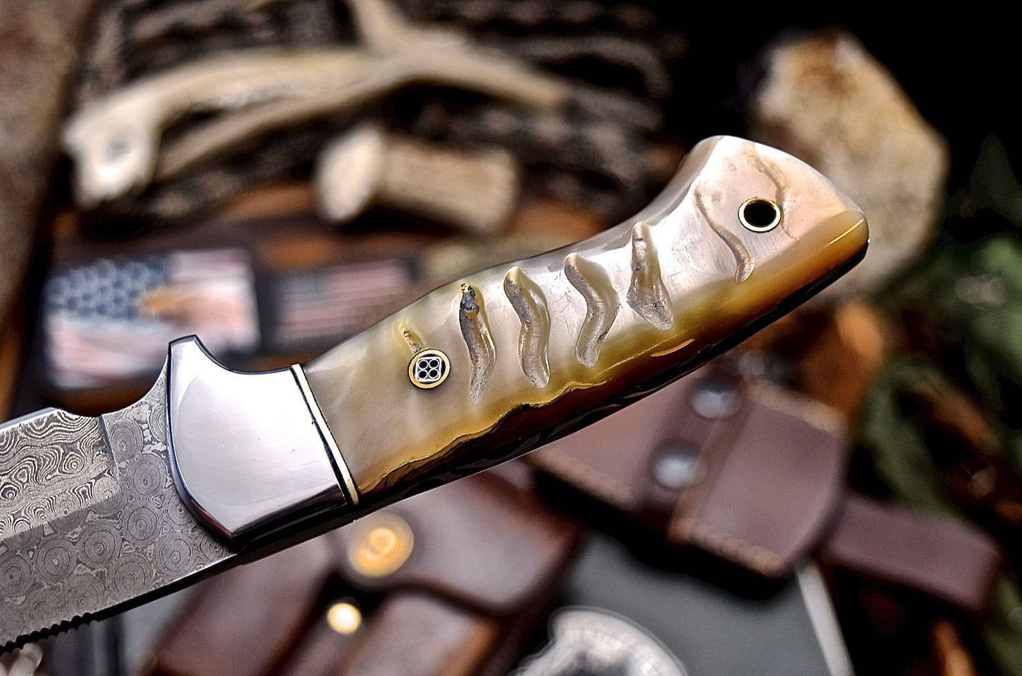 CFK Handmade Damascus Custom GENUINE SHEEP HORN Hunting Skinner Knife