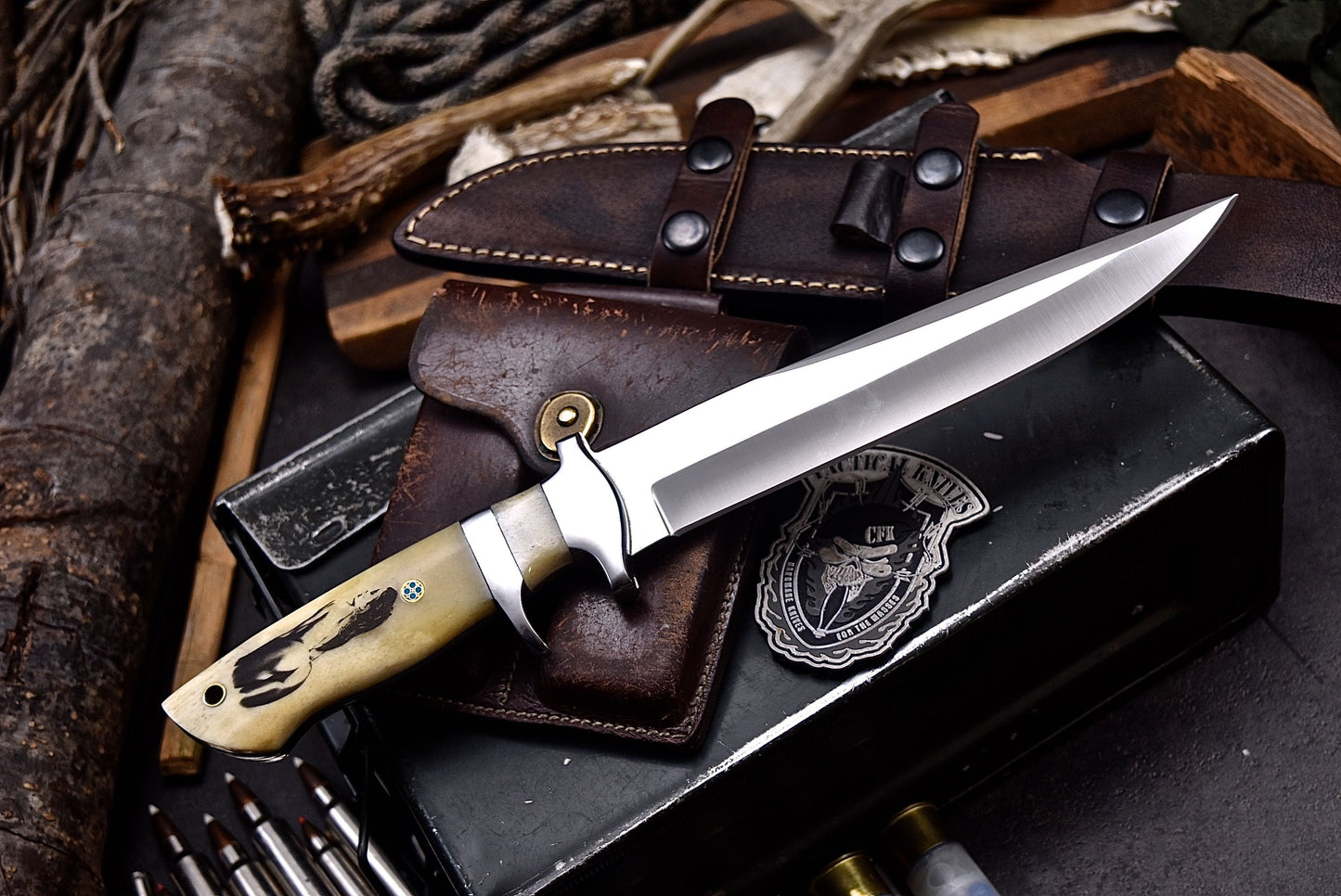 CFK Handmade DC53 Custom NUDE WOMAN ART SCRIMSHAW Bone Sub hilt Hunting Knife Set