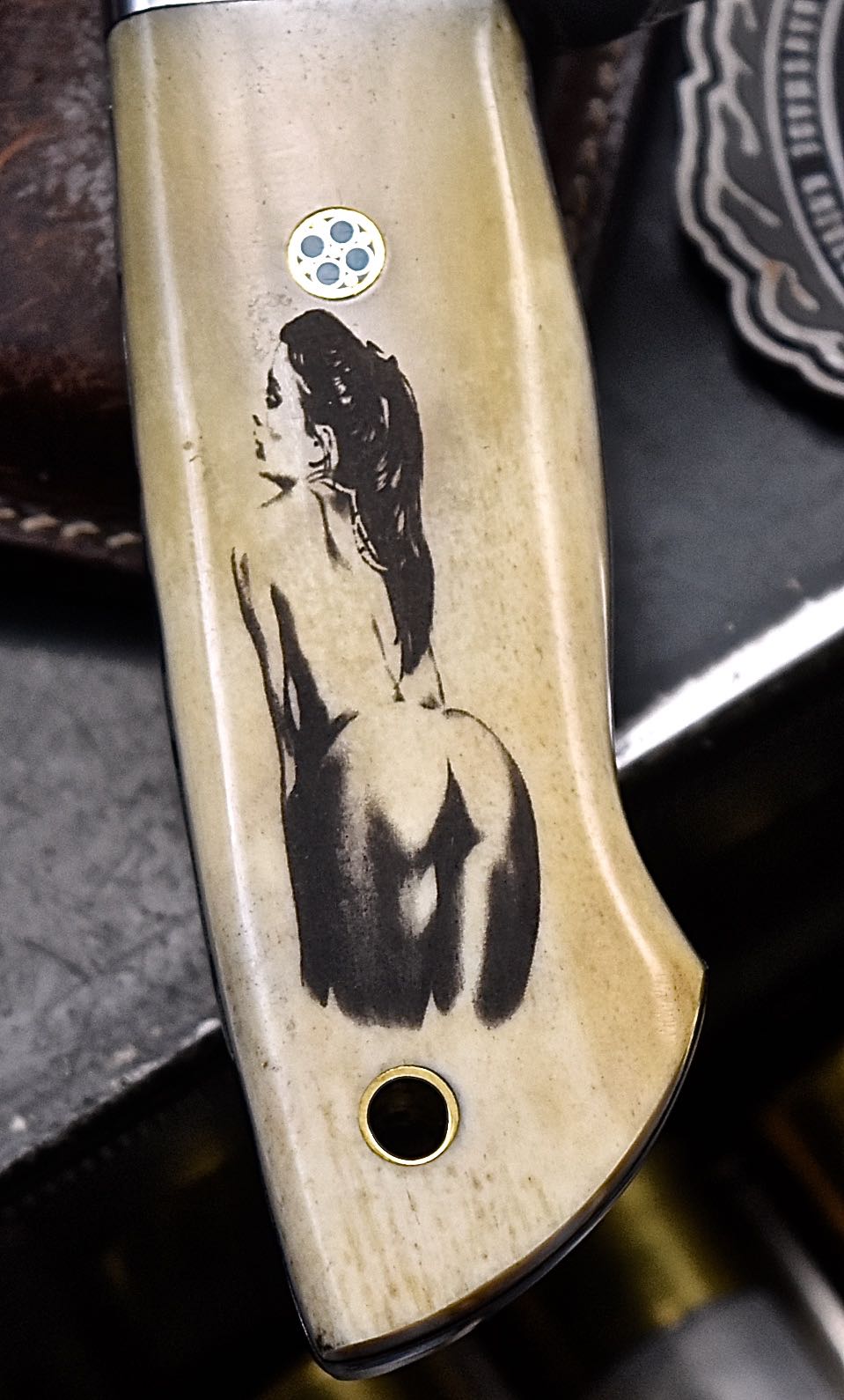CFK Handmade DC53 Custom NUDE WOMAN ART SCRIMSHAW Bone Sub hilt Hunting Knife Set