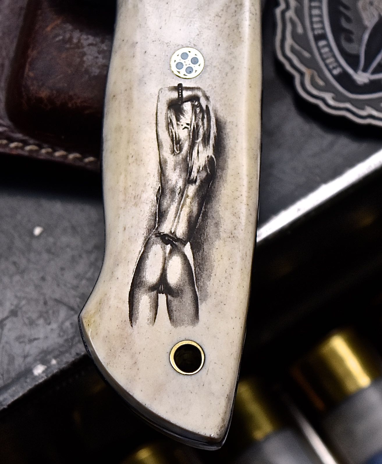 CFK Handmade DC53 Custom NUDE WOMAN ART SCRIMSHAW Bone Sub hilt Hunting Knife Set