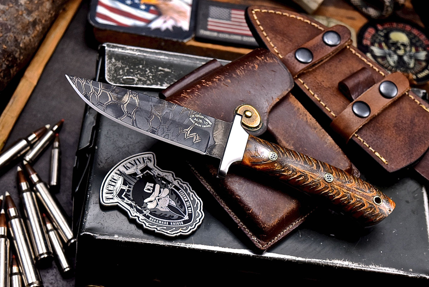 CFK Handmade CAMO AUS 10 Custom PINE CONE Hunting Knife & Sheath Set