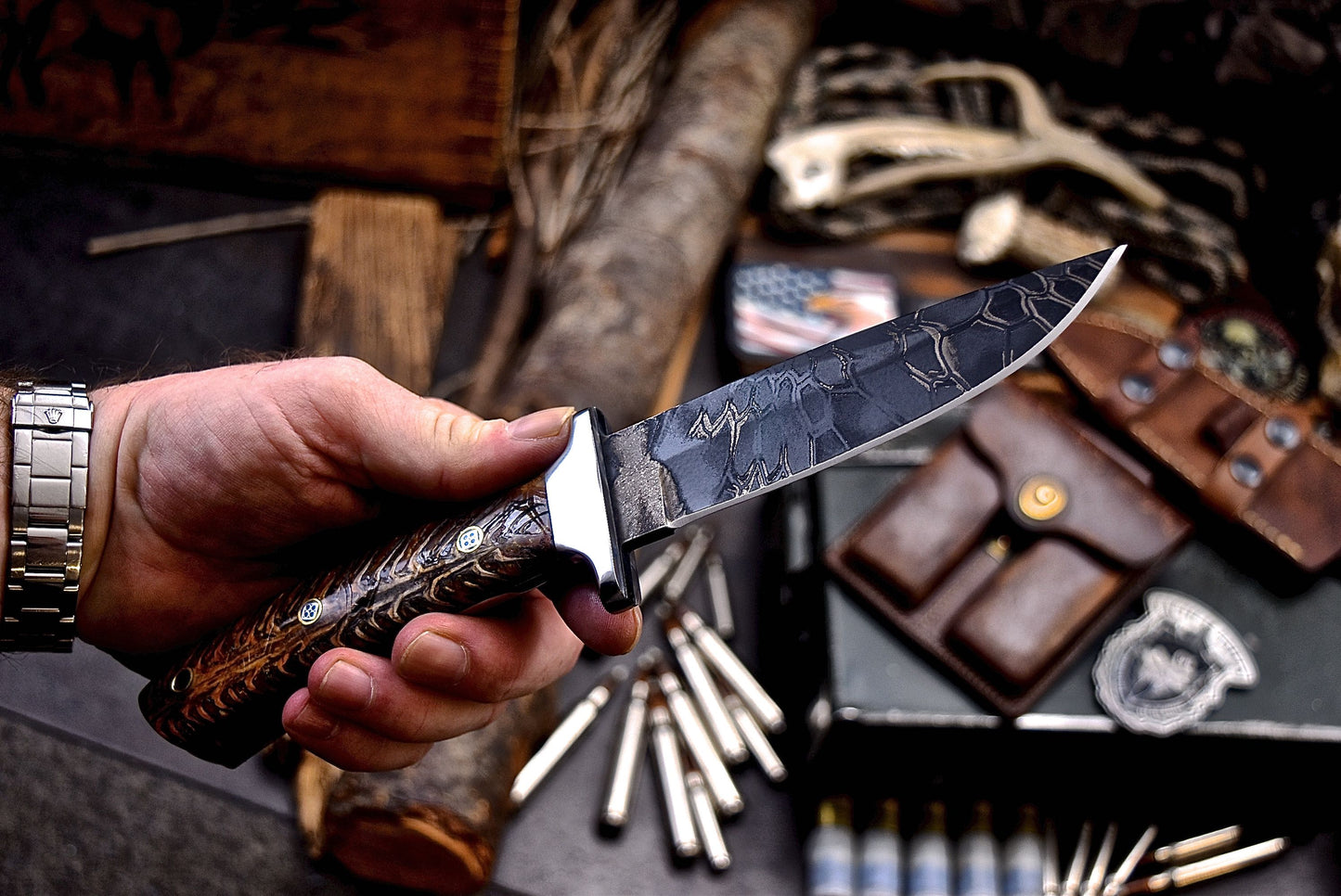 CFK Handmade CAMO AUS 10 Custom PINE CONE Hunting Knife & Sheath Set