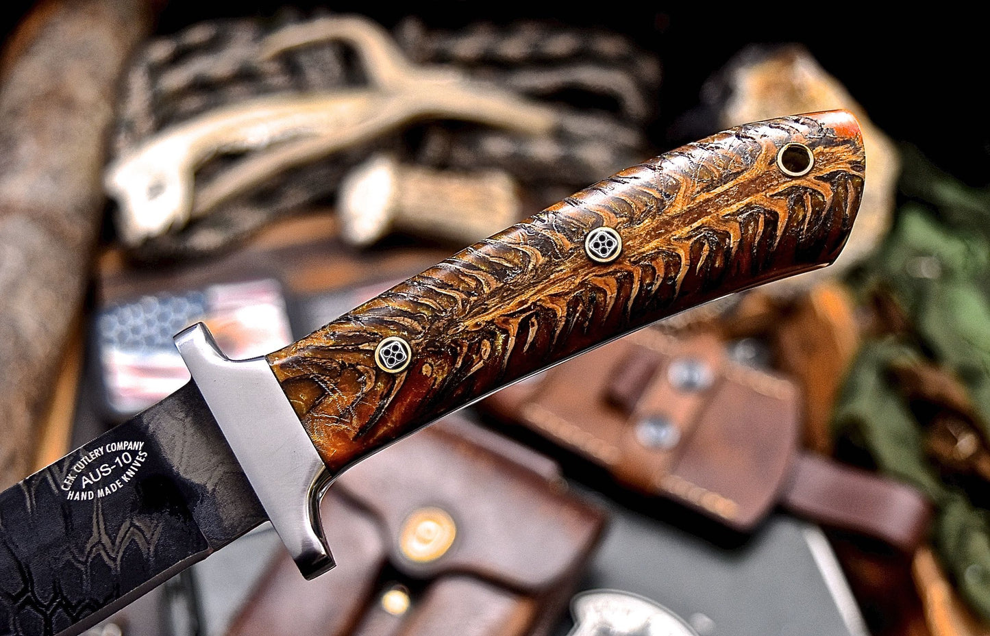 CFK Handmade CAMO AUS 10 Custom PINE CONE Hunting Knife & Sheath Set